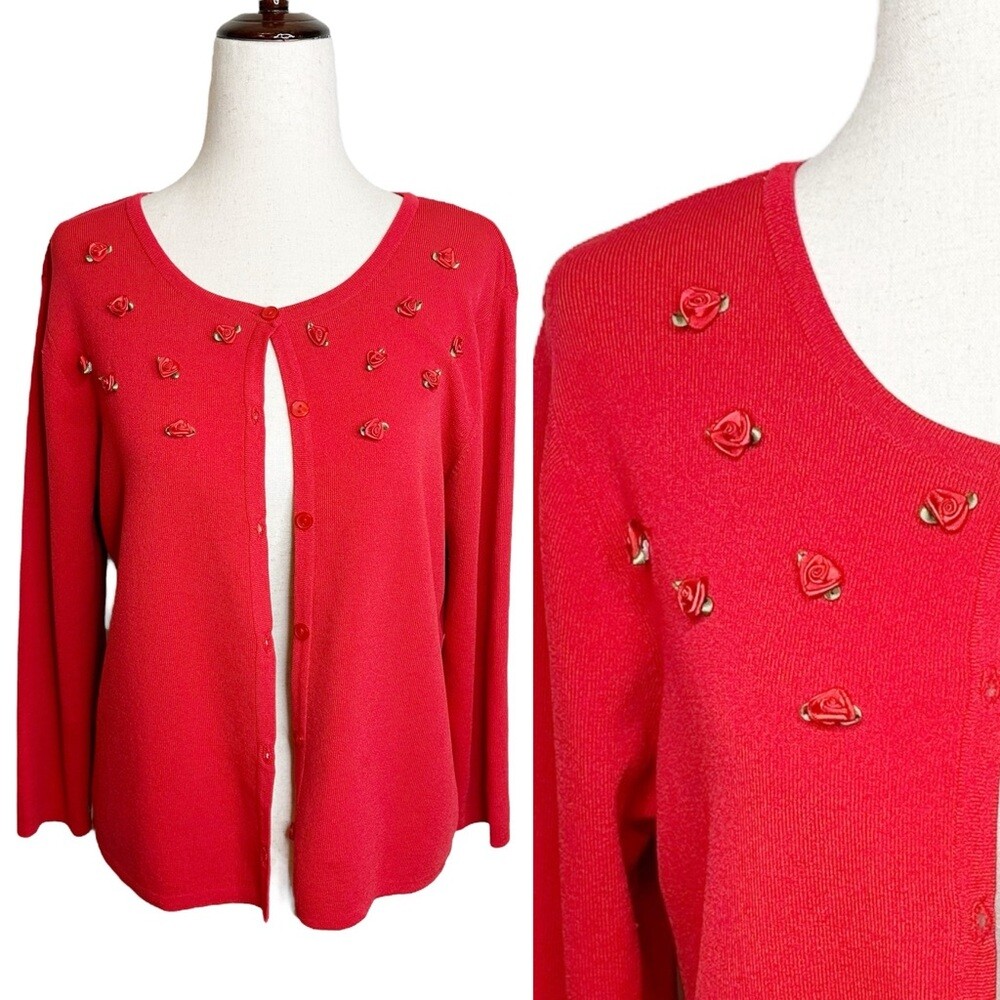Vintage Red Rosette Applique Button Front Cardigan Size 8P
