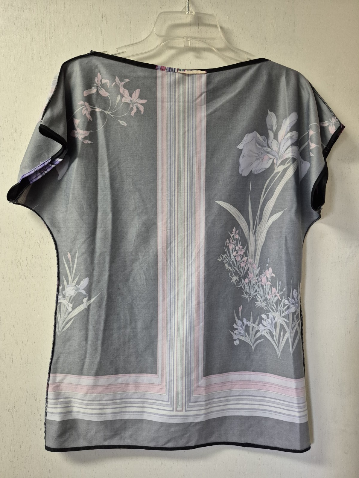 Vintage 70’s 80’s Black Jersey Silk Painterly Orchid Pinstripe Borders Size S