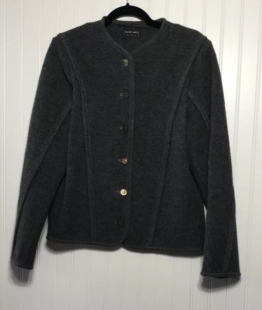 100% Pure New Wool England Made SUSAN LAITY Gray Button Front Jacket Women’s 14