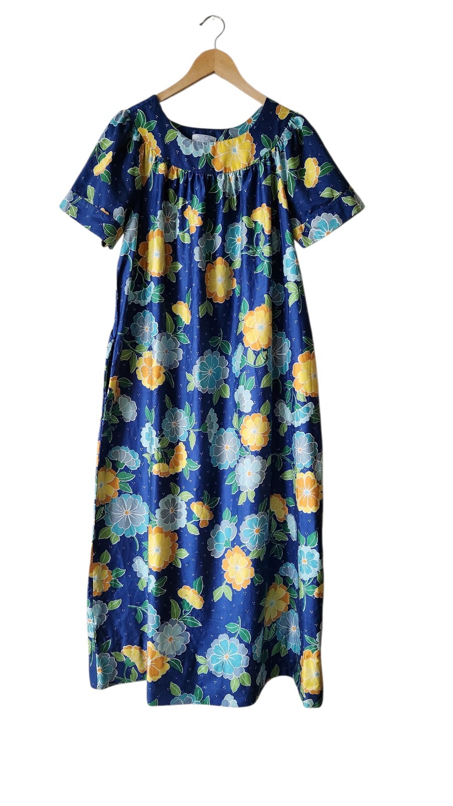 Vintage 1970s Sears Kaftan Muumuu Dress Womens Tropical Floral Long Blue-M-10/12