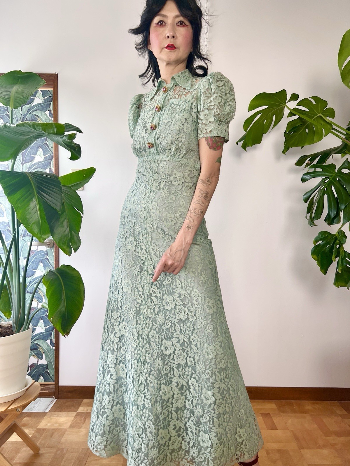 1930s Seafoam Green Floral Sheer Lace Puff Sleeves Gown Dress XS/S Old Hollywood