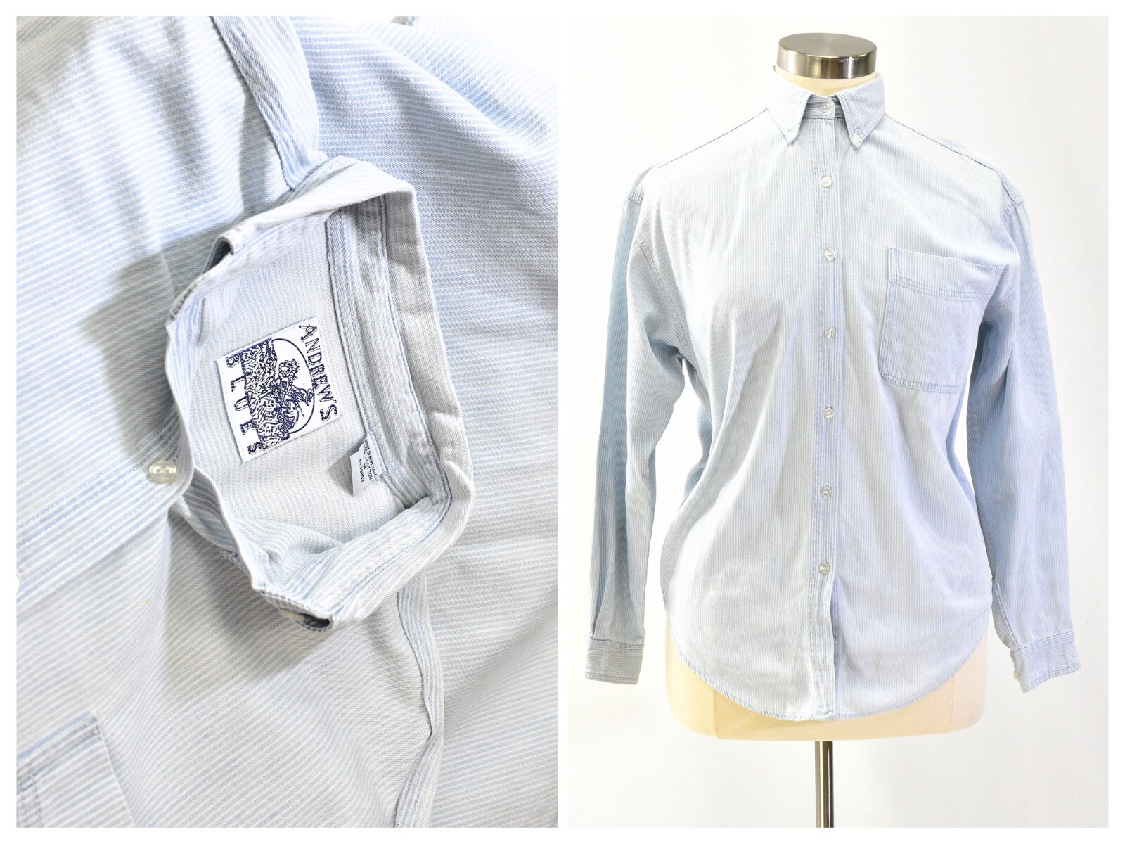 90s Vintage Blouse Top Womens M Andrews Blues White & Blue Rail Road Stripes