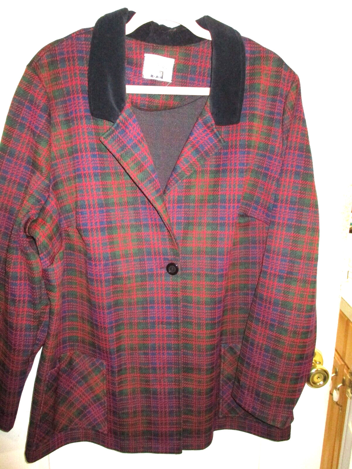 Vintage Phyllis Sidney Shaker Sport Poly Blazer Tartan Plaid Velvet Collar XL +