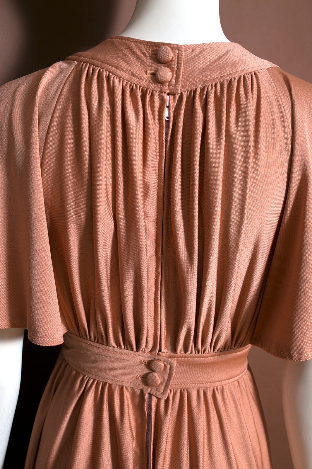 Gorgeous Vintage 70s Nude Cocoa Blush Draped Maxi Dress with Full Skirt