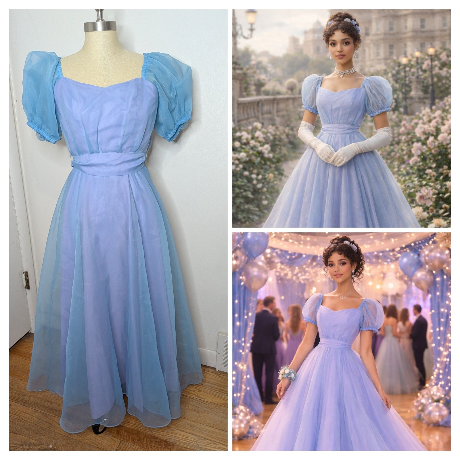 VTG 80s Blue/Lavender Taffeta Prom Dress Puff Sleeve Bridgerton Formal Gown