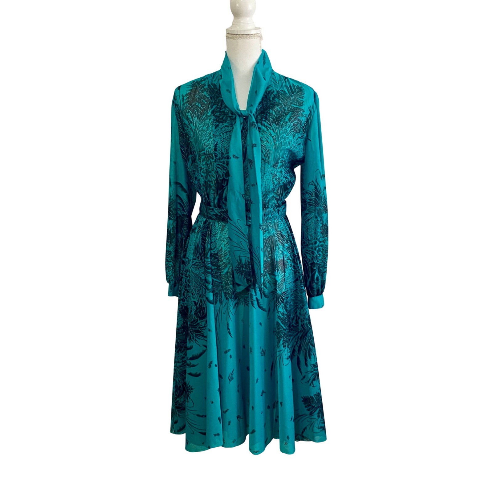 Vintage Hy-Tee Teal Black Fern Botanical Bow Midi Dress with Belt SHEER