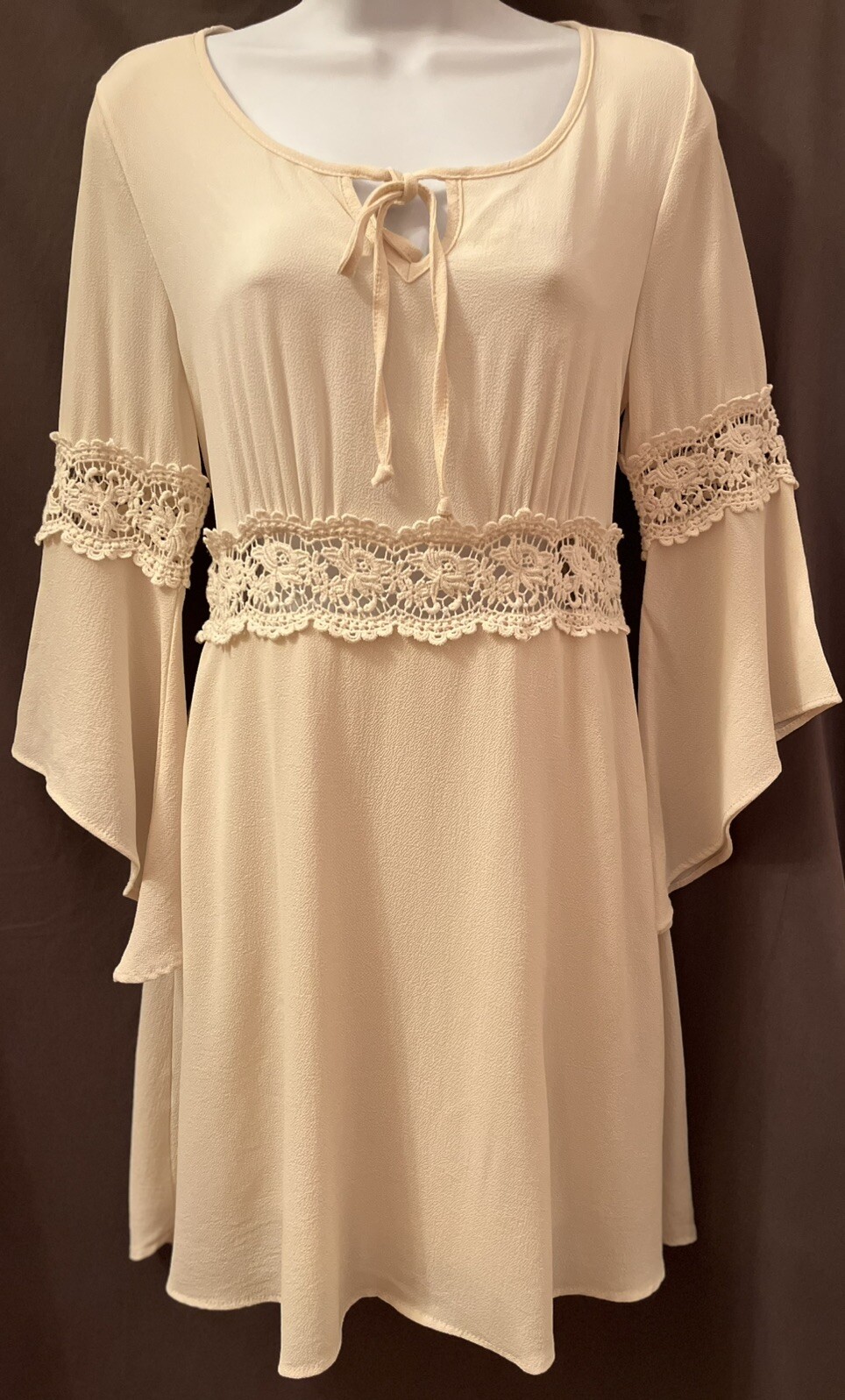 VTG 80s Illa Illa Cream Peasant Boho Gunne Hippie Crochet Lace Mini Dress SZ 8