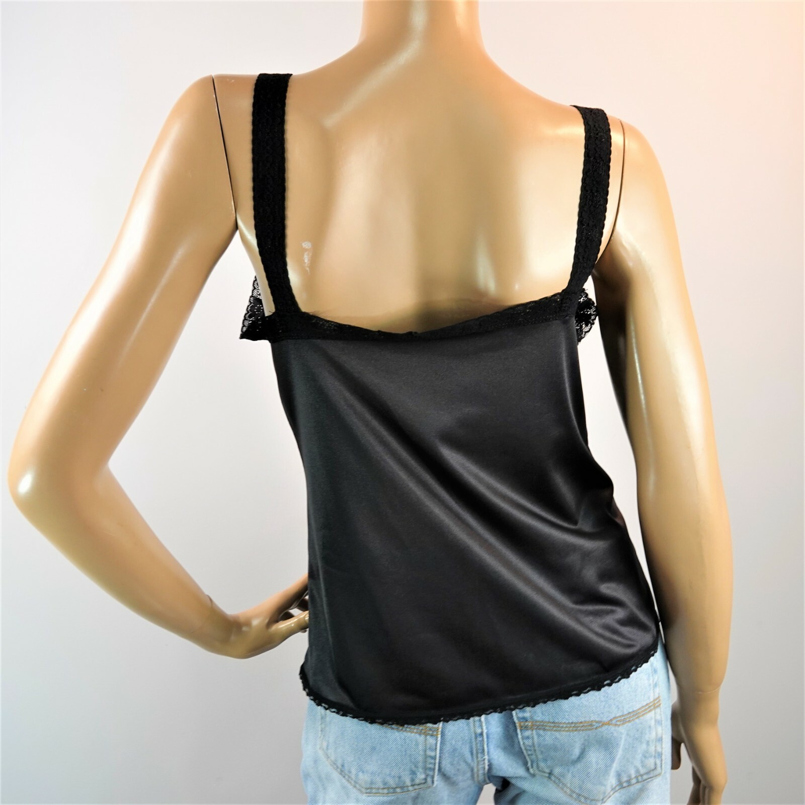 Vintage Newton Camisole Half Slip Top Sz M Black Satin Nylon Lace Trim USA Made