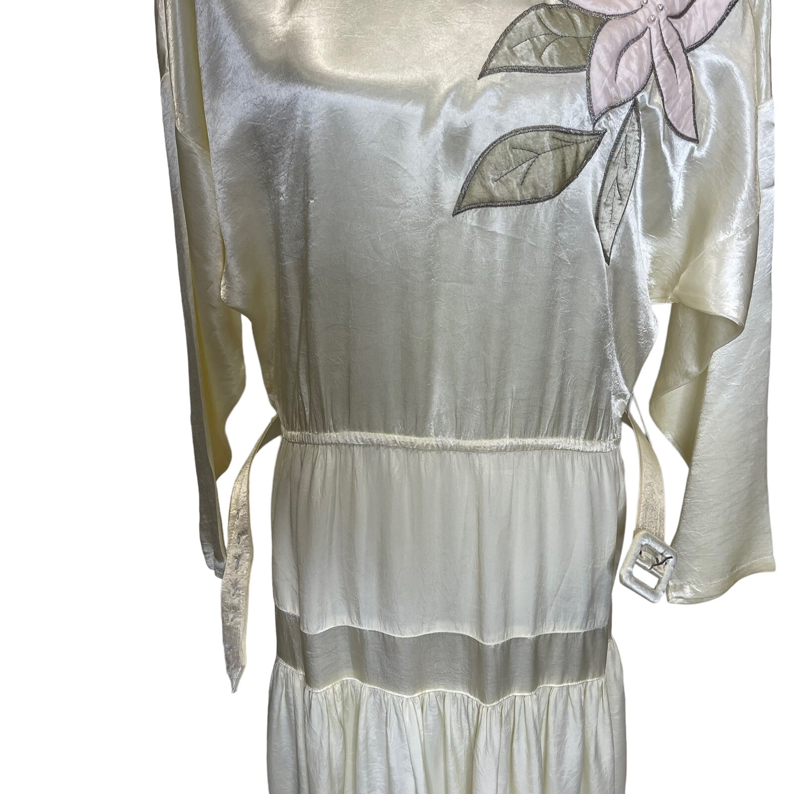 Vintage Choon California Ivory Satin Tiered Maxi Long Dress Belted USA Size 8?