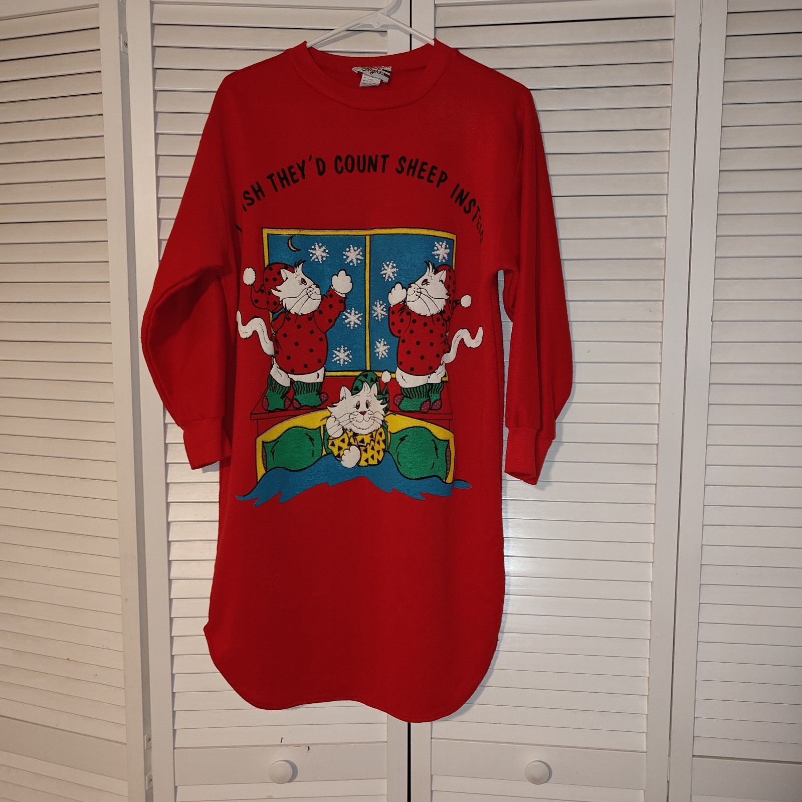 Vintage 80’s Red Long-sleeved Nightshirt Dress Cats Graphic One Size