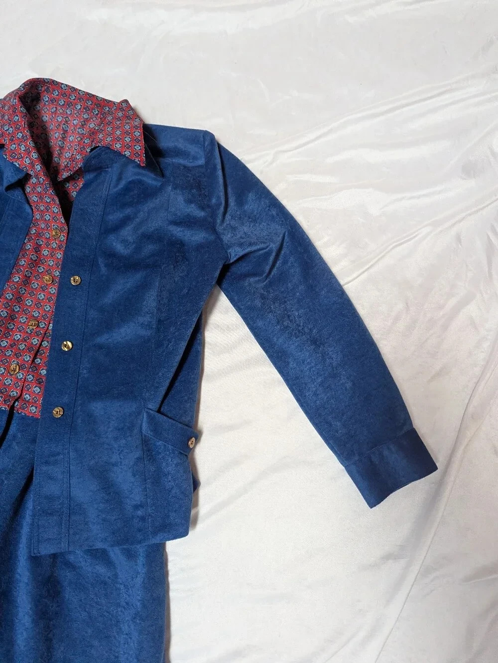 Vintage 70’s Button Front Blue Velour Dress & Jacket Anjac By Marc Needleman