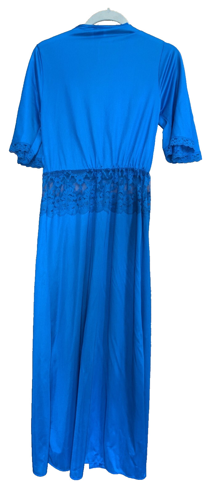 Vtg Paramount New York Robe Large Lace Detail Nylon Royal Blue TradWife Boudoir