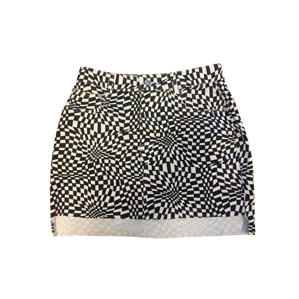 VICI Black White Warped Checkerboard Denim Mini Skirt Psychedelic Print Medium