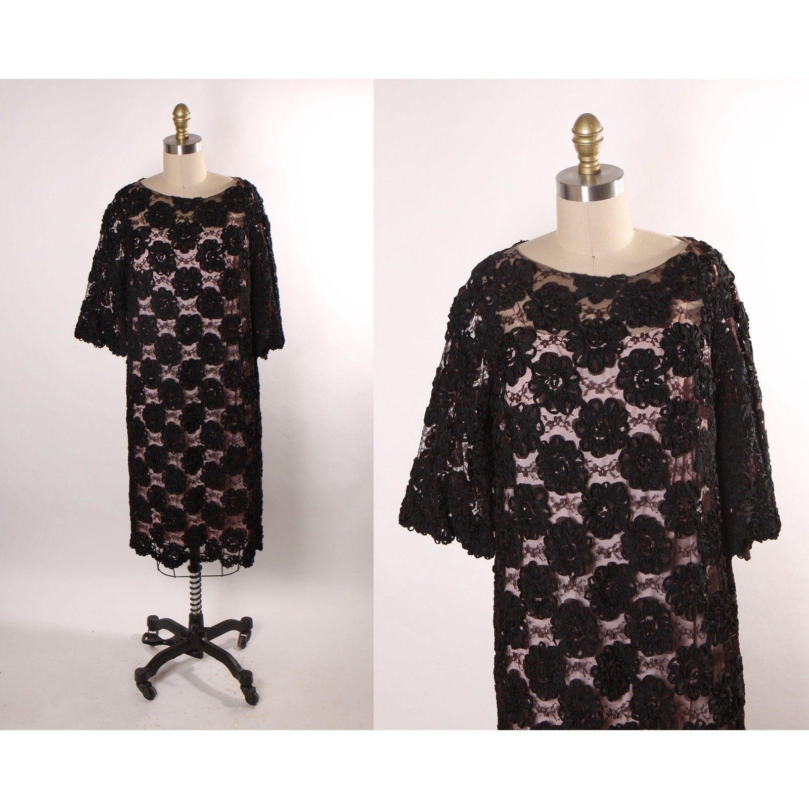1960s Sheer Black Floral Lace Overlay Dress with Two Slips in Pink and Black