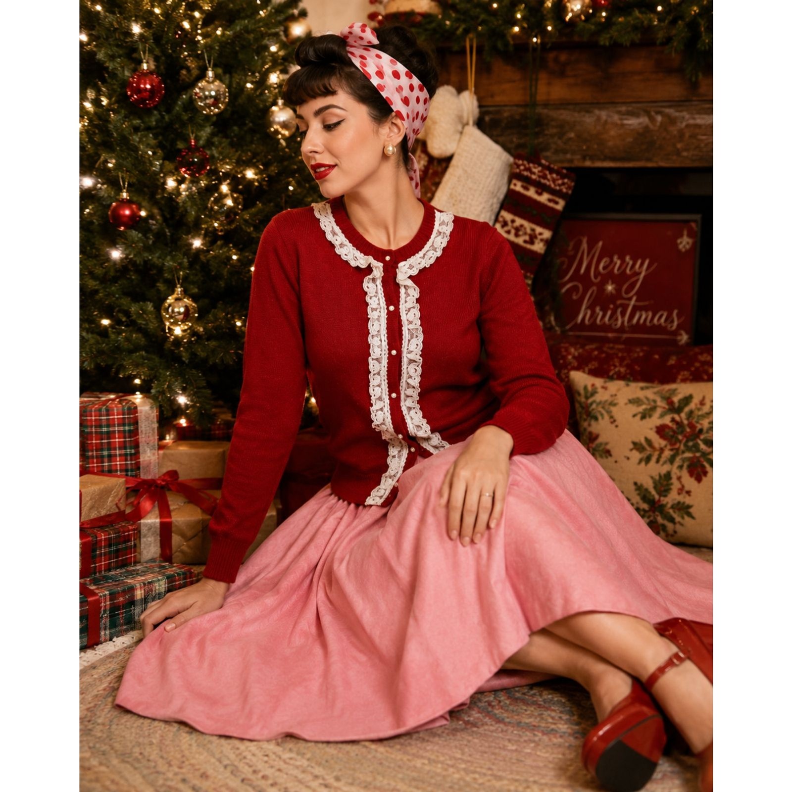 Vintage Alley Cat USA Red Lace Trim Cardigan Sweater Women’s L Pearl Cottagecore