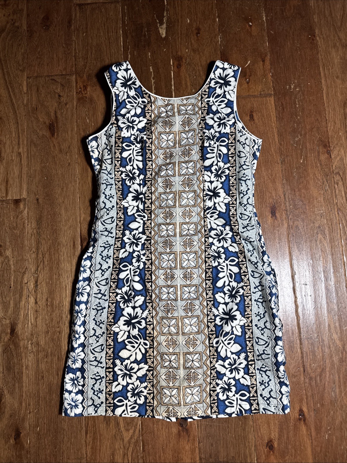 Y2K Maki’s Honolulu Hawaiian Polynesian Resortwear Midi Dress Blue White LARGE