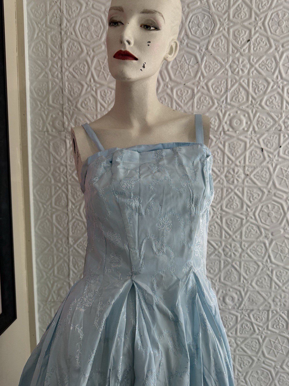 vintage 1950s gown baby blue taffeta bridesmaid prom small xs jaquard floral