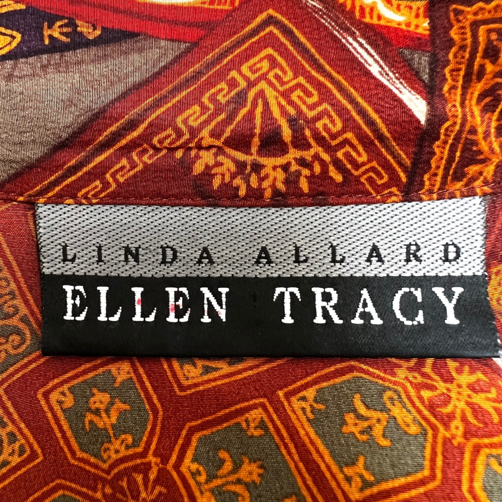 VTG Linda Allard Ellen Tracy Silk Blouse Scarf Print Office Siren 90’s 12 Tall