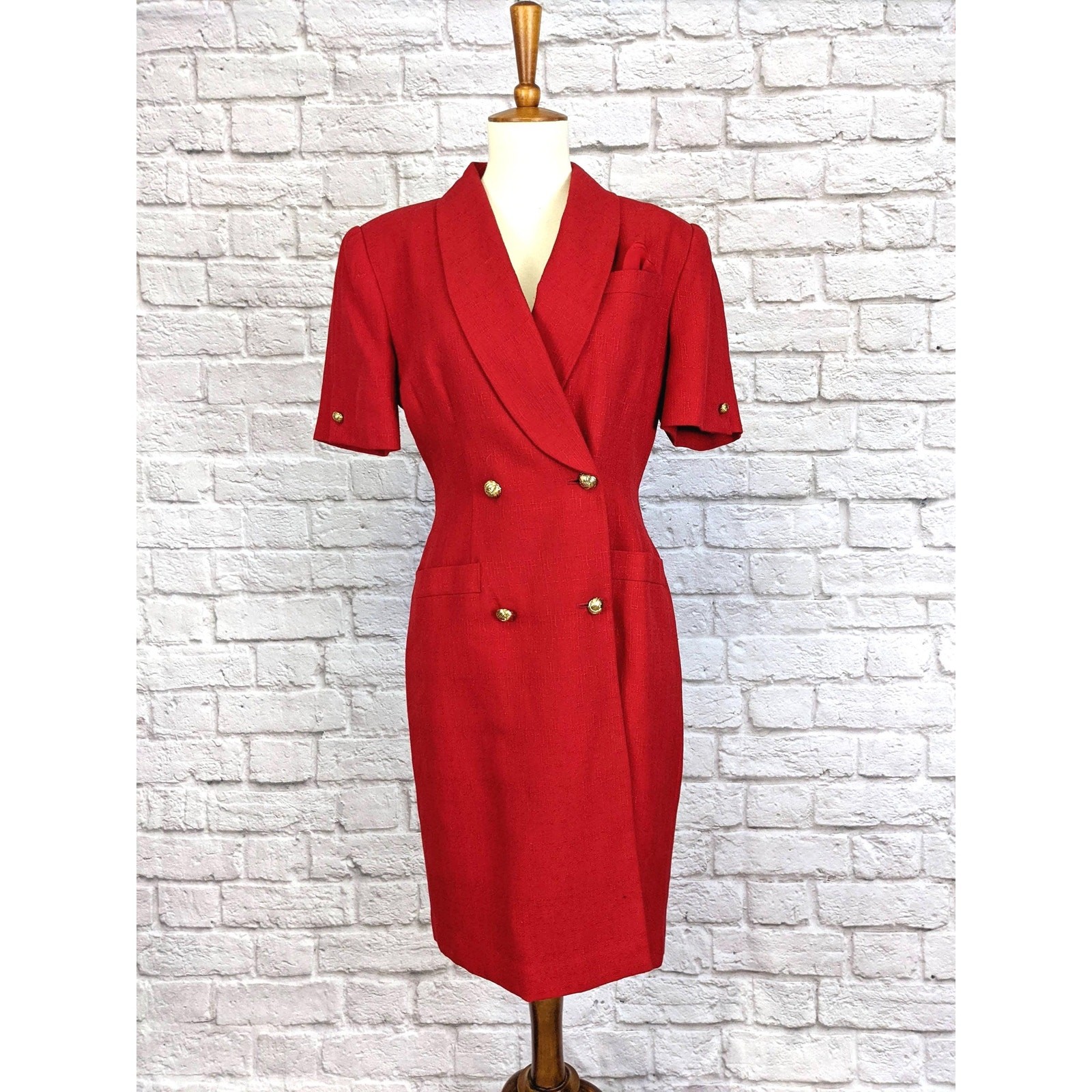 Vintage 80’s Sheath Dress – Red Double Breasted Button Front Size 6 Petite