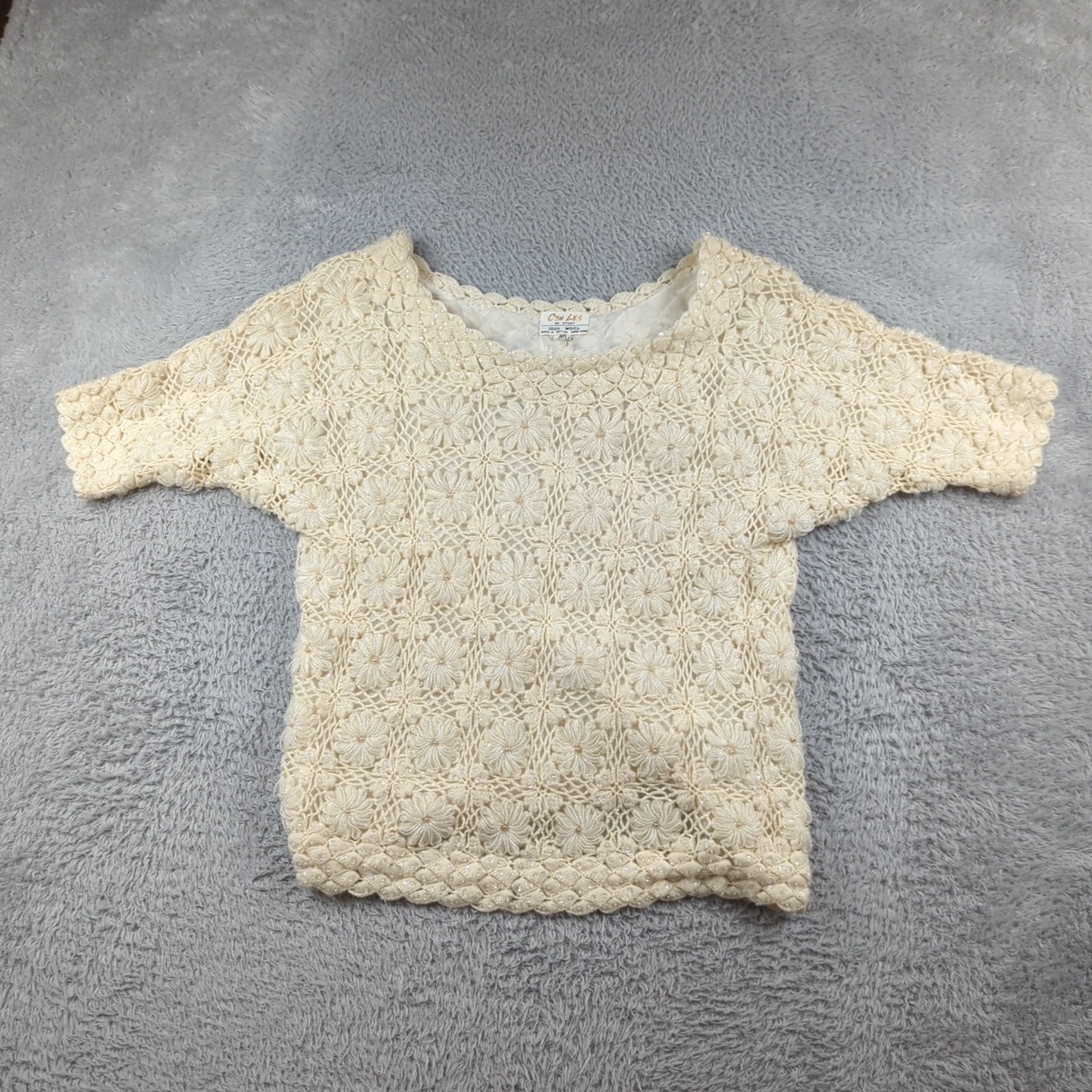 Vintage 1960s Cyn Les Sweater Top Women 40 White Wool Beaded Lined Granny Square