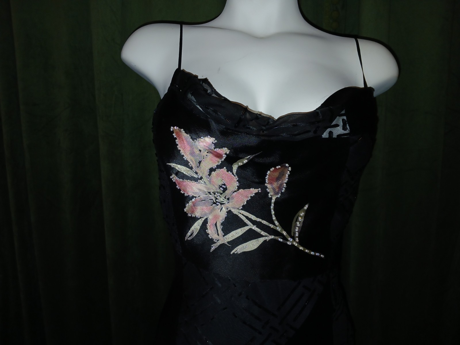 Vintage 90s L’Pogee Black Silk Rayon Floral Beaded Bias Cut Slip Gown Dress 8