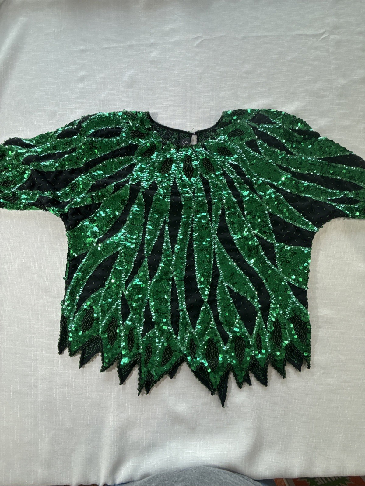Vintage 80’s Iris Sequin Green And Black Flame Pattern Top Size L