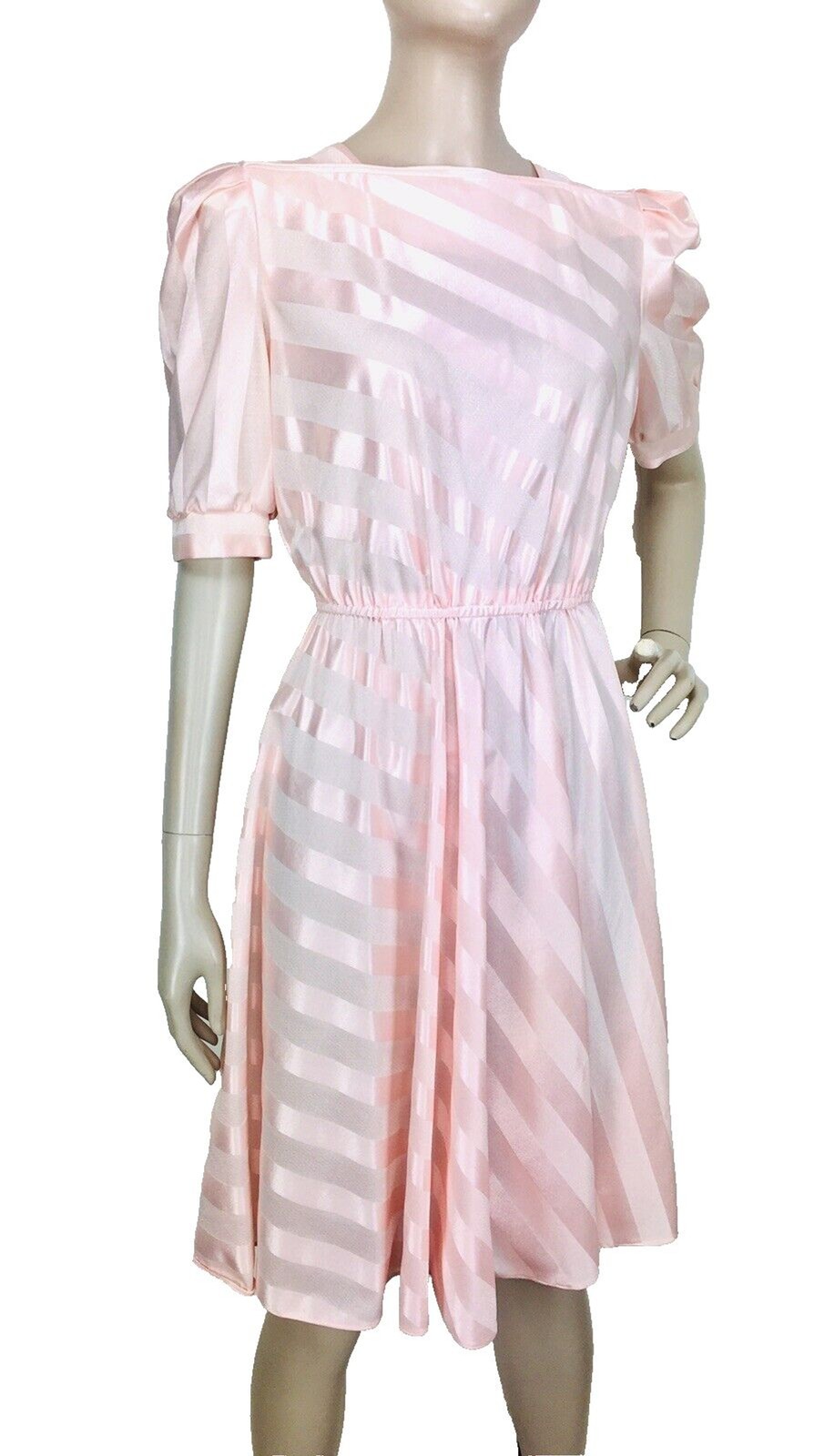 Vintage 80s Does 50s Jenny Petites Pink Candy Striped Puff Sleeve Dress XS/S/M