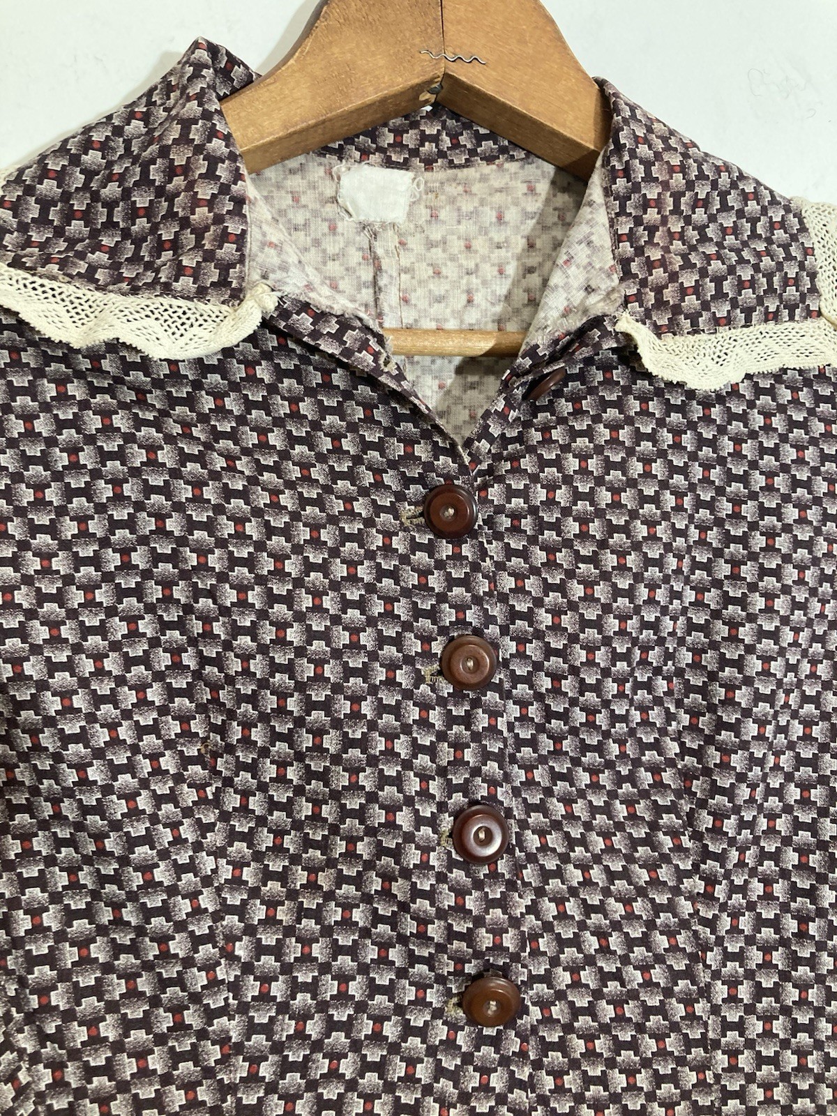 VTG HANDMADE PRARIE BROWN & RED FEEDSACK COTTAGECORE FARM GIRL DRESS