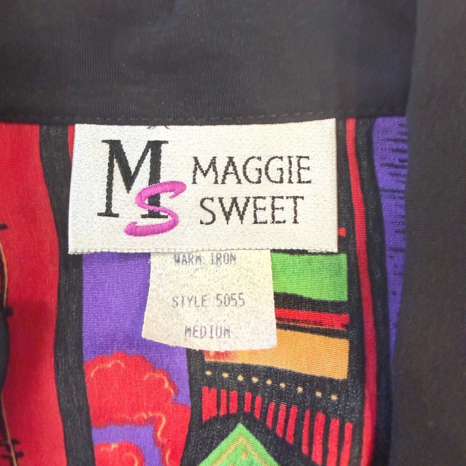 Maggie Sweet Vintage 90’s Abstract Long Sleeve Silky Tunic Silver Buttons EUC