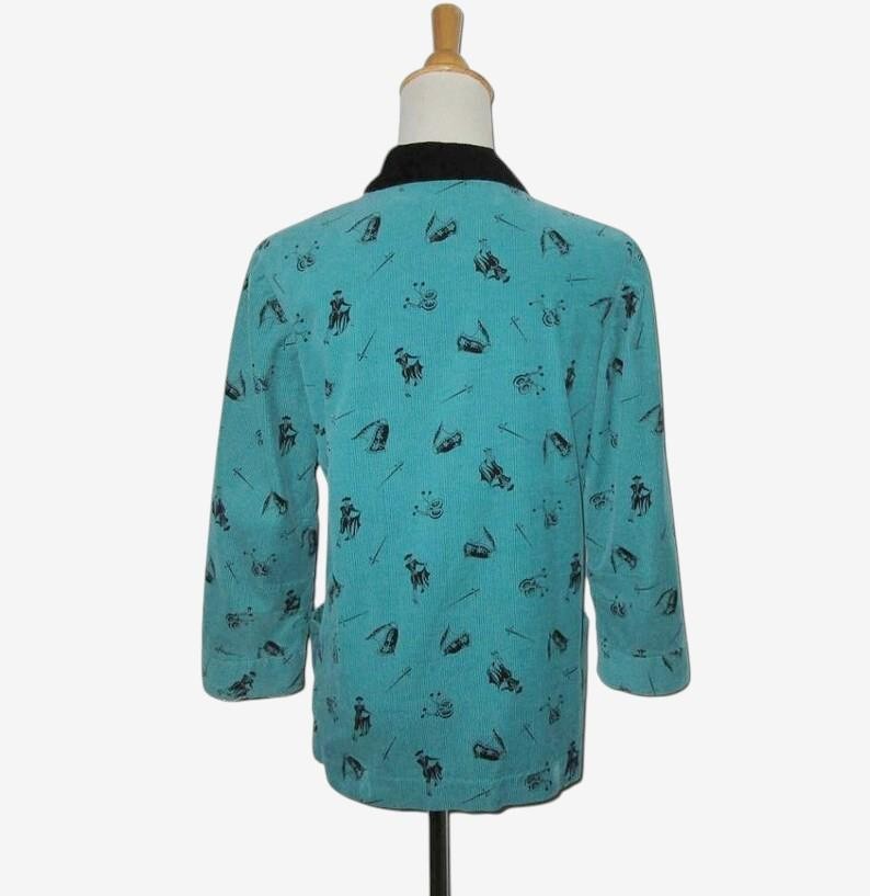 Vintage 1950s Corduroy Matador Blouse Jacket Teal Black Novelty Print – Size M