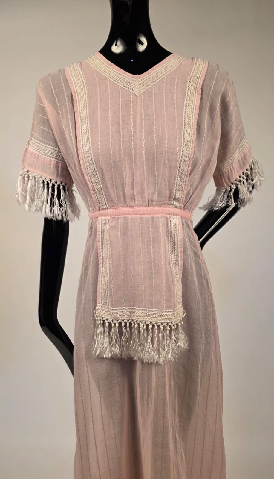 EDWARDIAN PALE PINK STRIPED MUSLIN DRESS W SILK TASSEL FRINGE TRIM