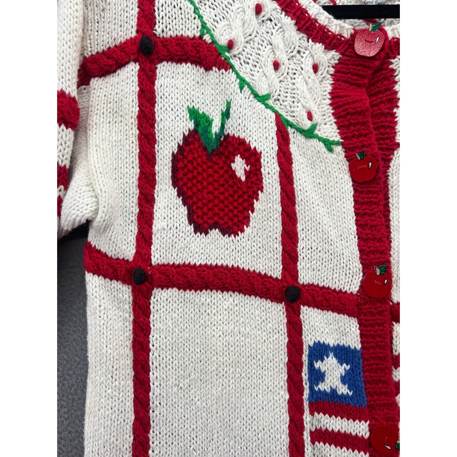 Vintage The Eagle’s Eye Hand Knit Teacher School Cardigan Sweater Cream Red 1993