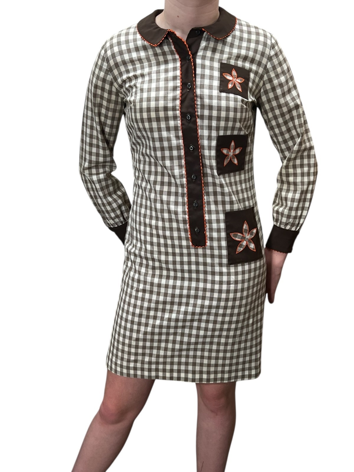 Vtg 60s Sz XS Mini Dress MOD SHIFT Brown Check Orange Robbie Rivers Pert Petites