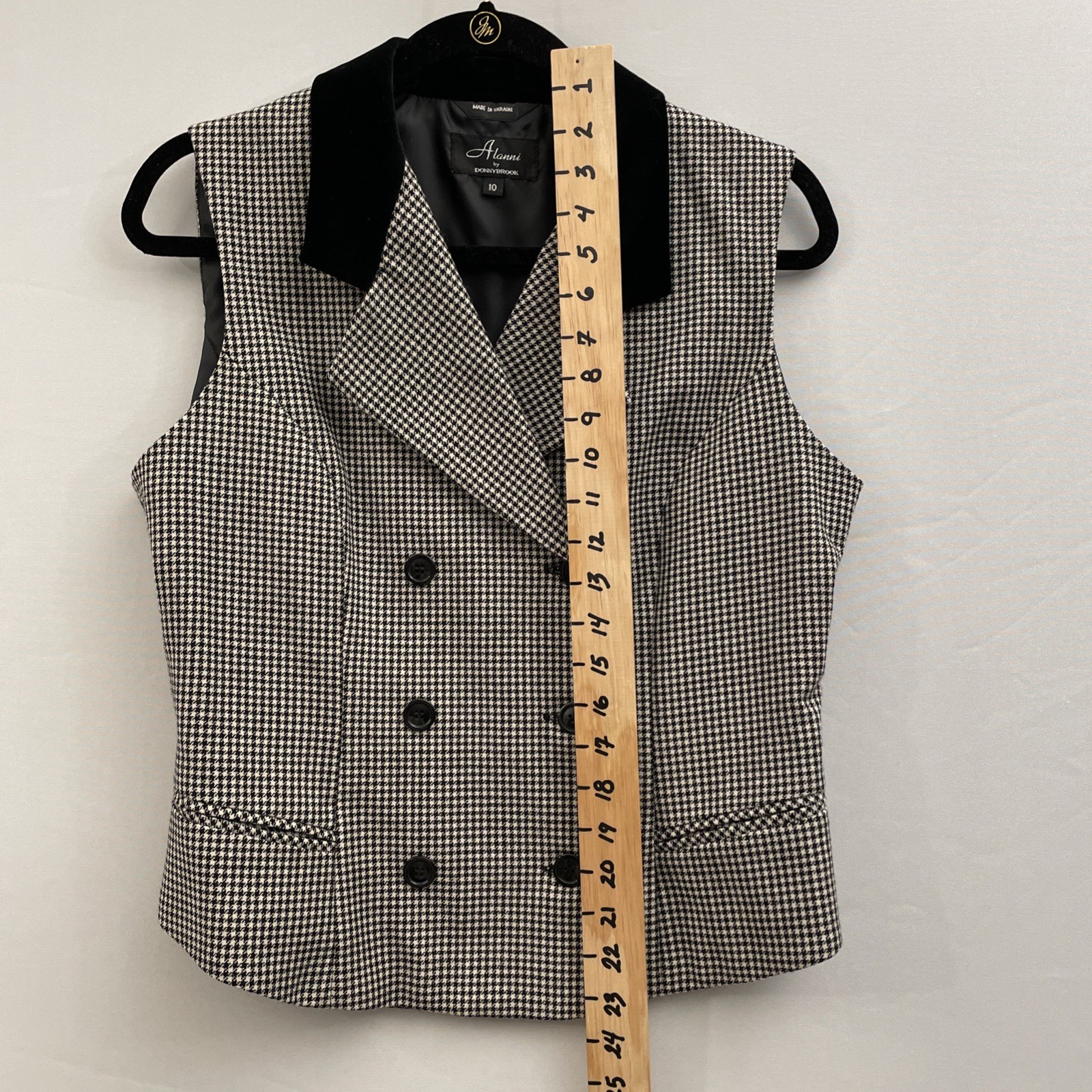 Vtg Alanni by Donnybrook Vest Dbl Breasted Wool Houndstooth Black Velvet Collar