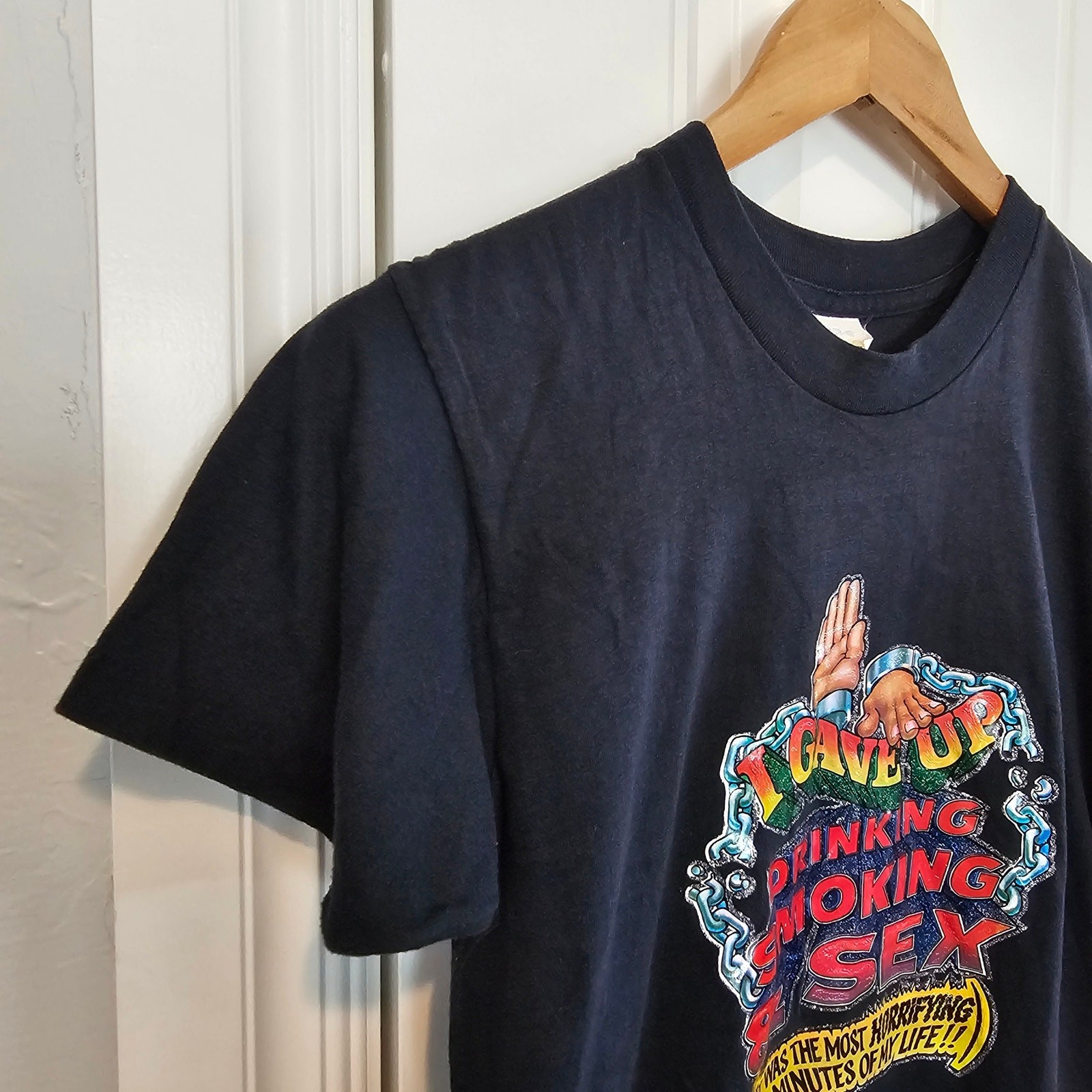 Vintage 80s Funny T-Shirt Women Med Black Graphic Streetwear Drinking Smoking