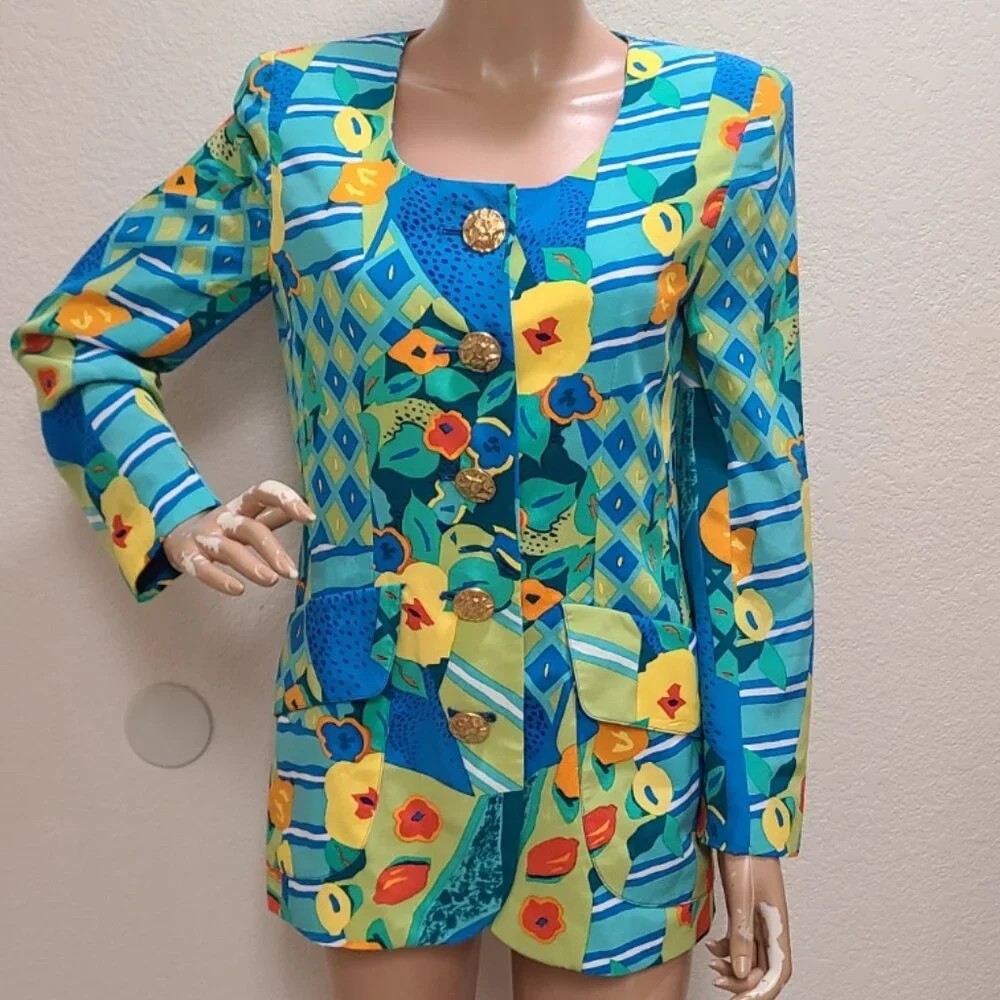 VINTAGE 80s RICKIE FREEMAN for TERI JON 100% SILK BLAZER JACKET LEMON PRINT sz 4