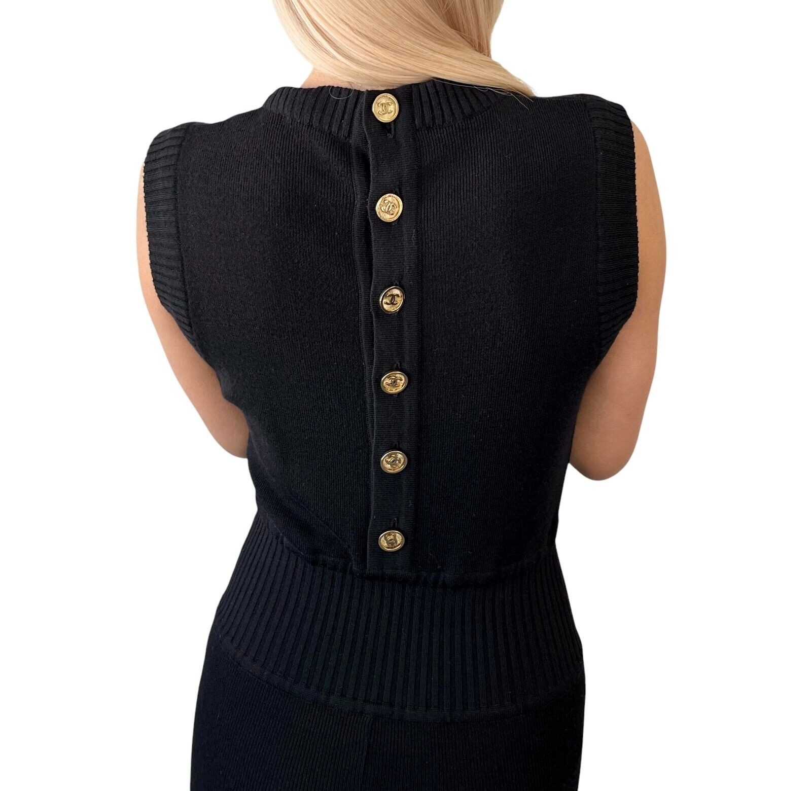 CHANEL Vintage CC Mark Logo Knit Jumpsuit Rompers Sleeveless Button Black 105312