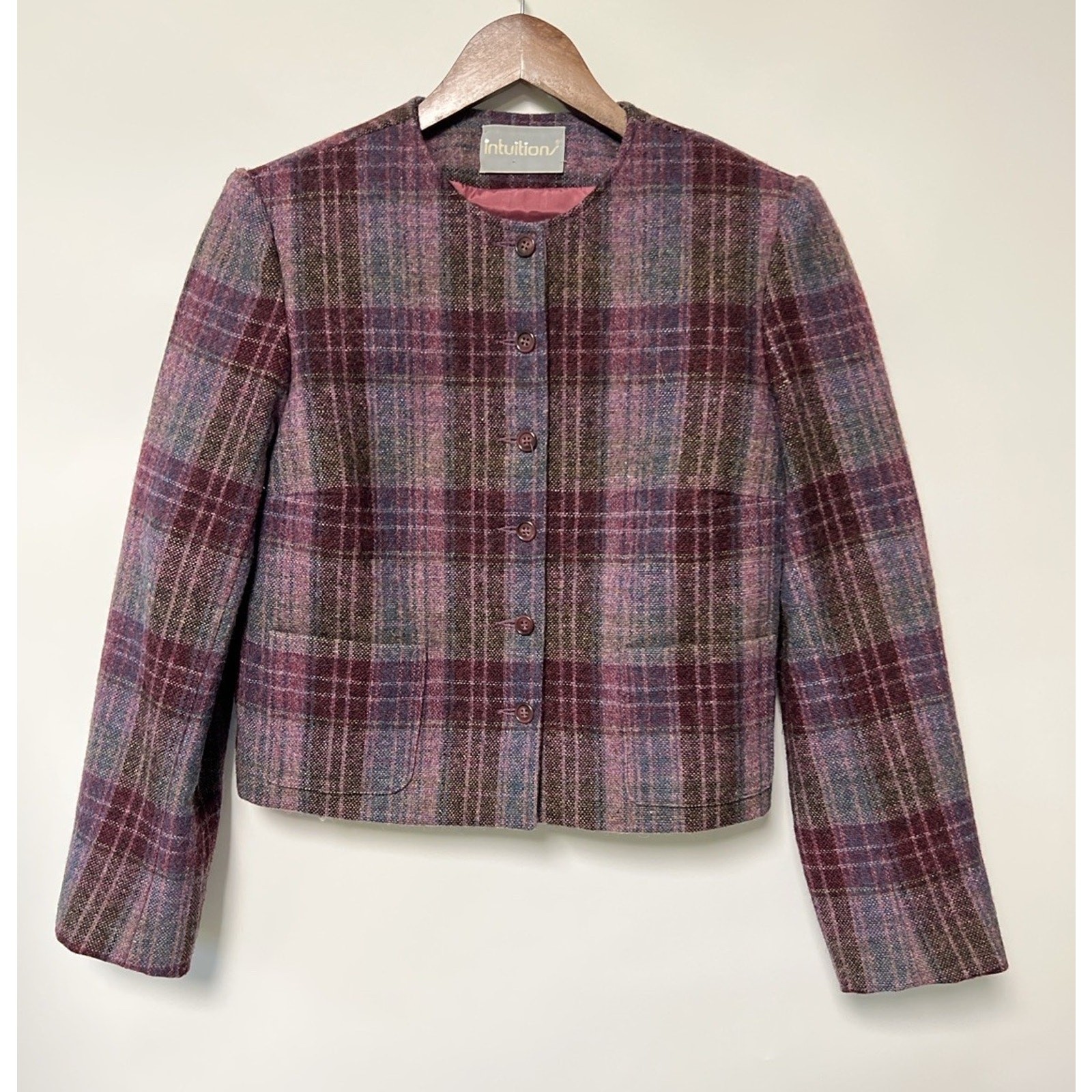 70s Purple Plaid Tweed Wool Blazer Suit Jacket Midi Skirt Size 6 Dark Academia