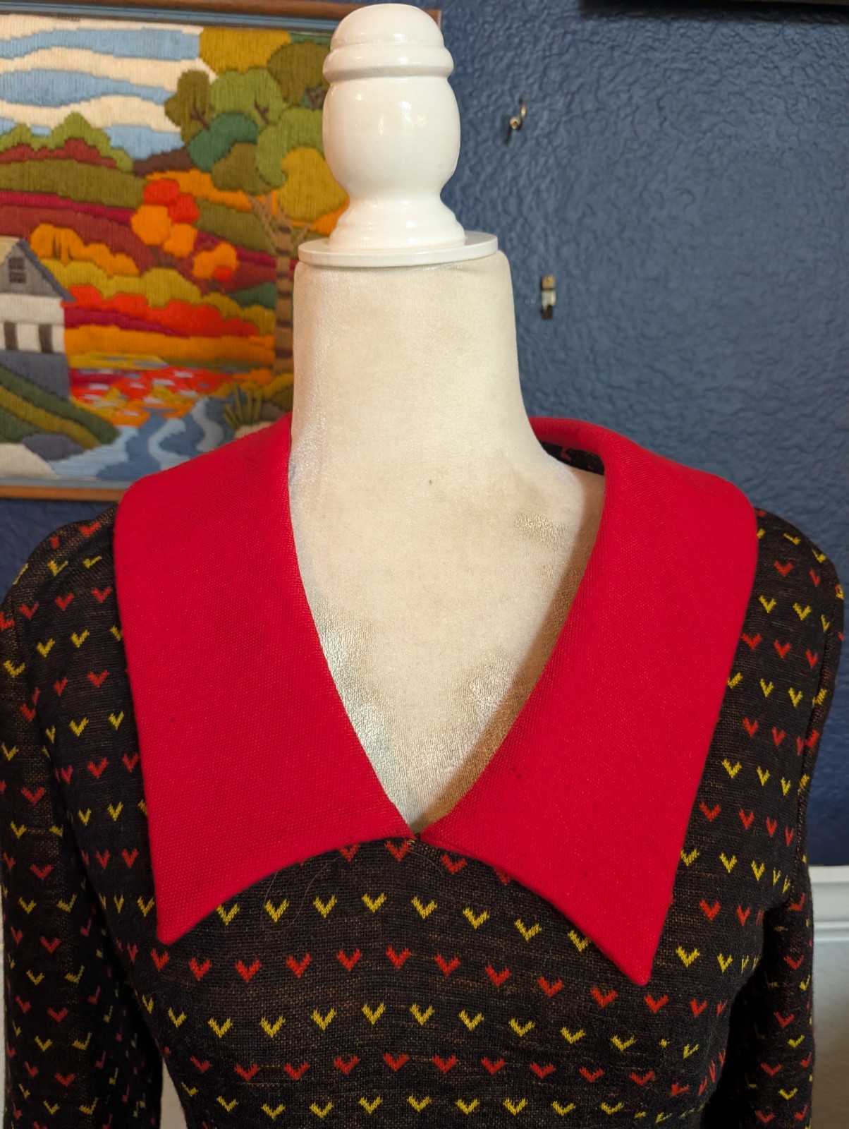 VTG Unbranded Peter Pan Collar Fit Flare Dress Brown Heart Sz Small S