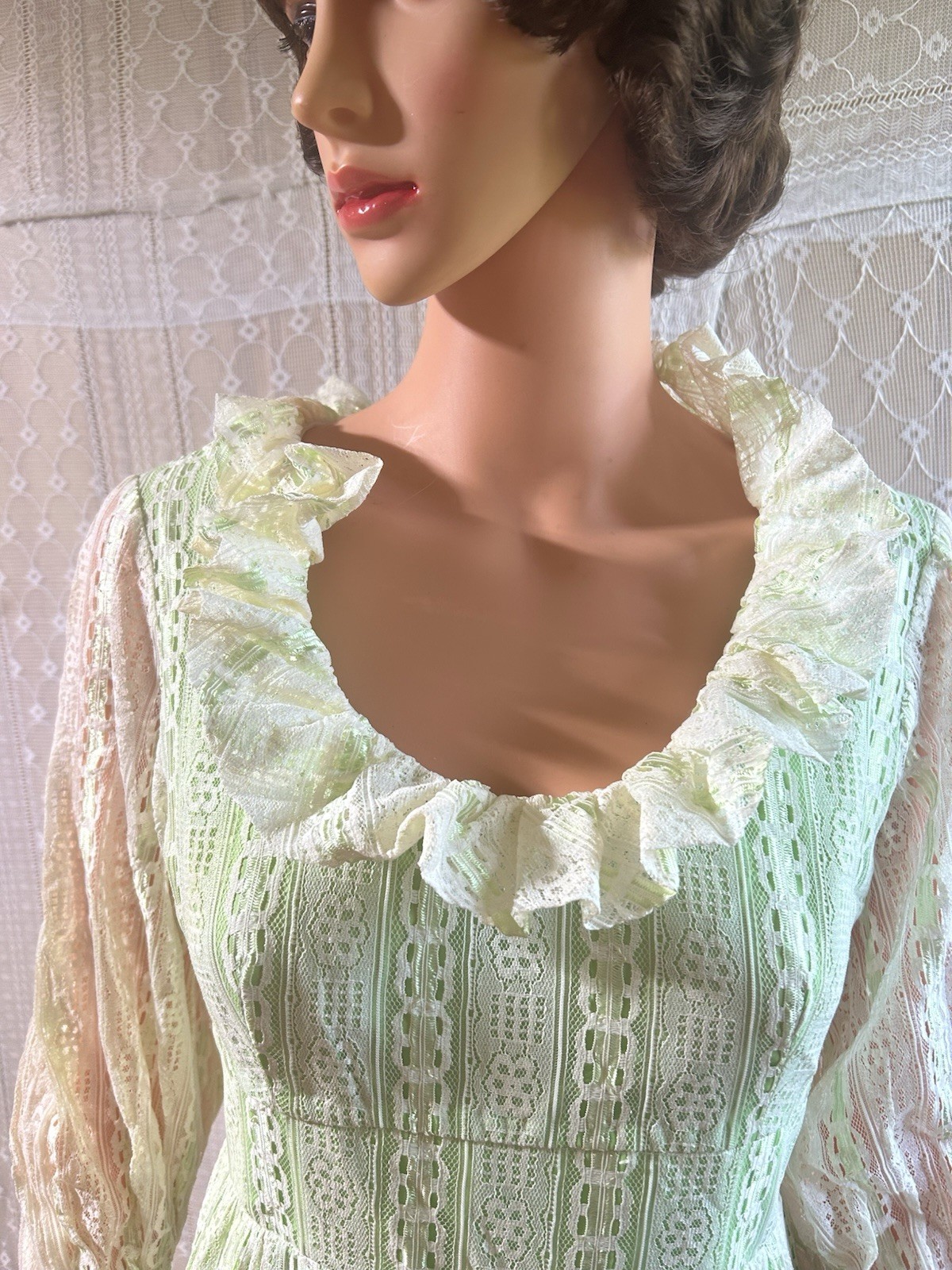 Vintage 1970s Prairie Dress Victorian Lace Folklore Cottagecore Lime Maxi S 27W