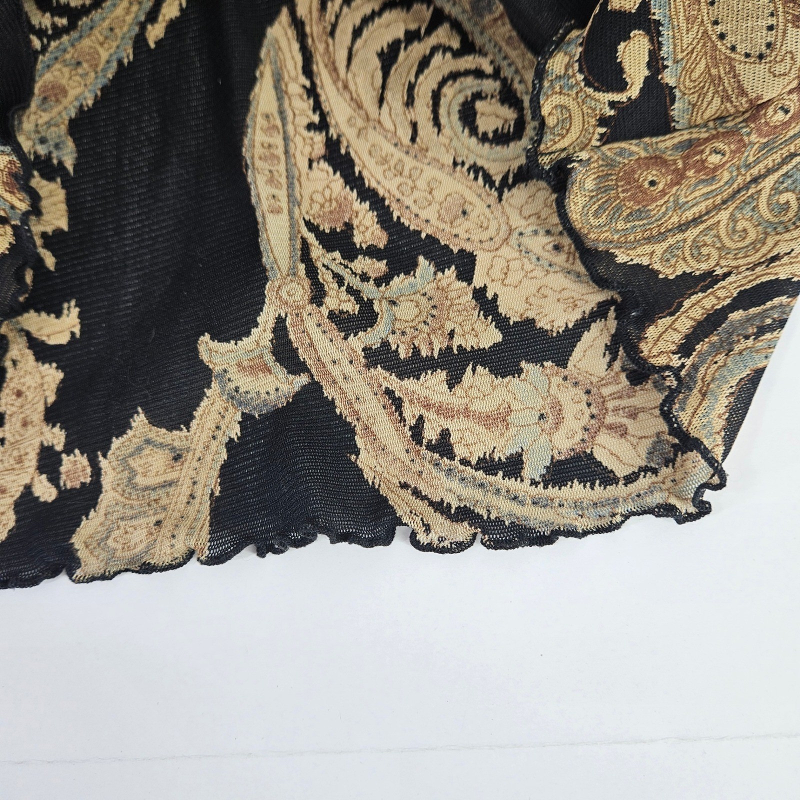 Wet Seal Vtg Y2K Paisley Mesh Long Bell Sleeve Top Black Gold Velvet Curl Trim L