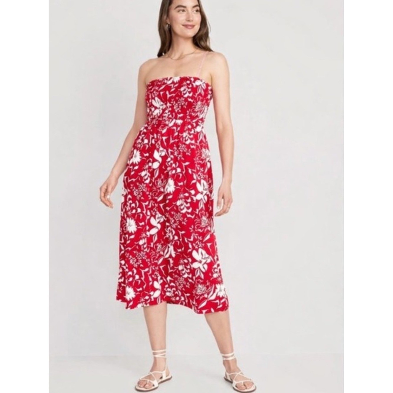 Old Navy Red and White Floral Smocked Strapless Dress Size L