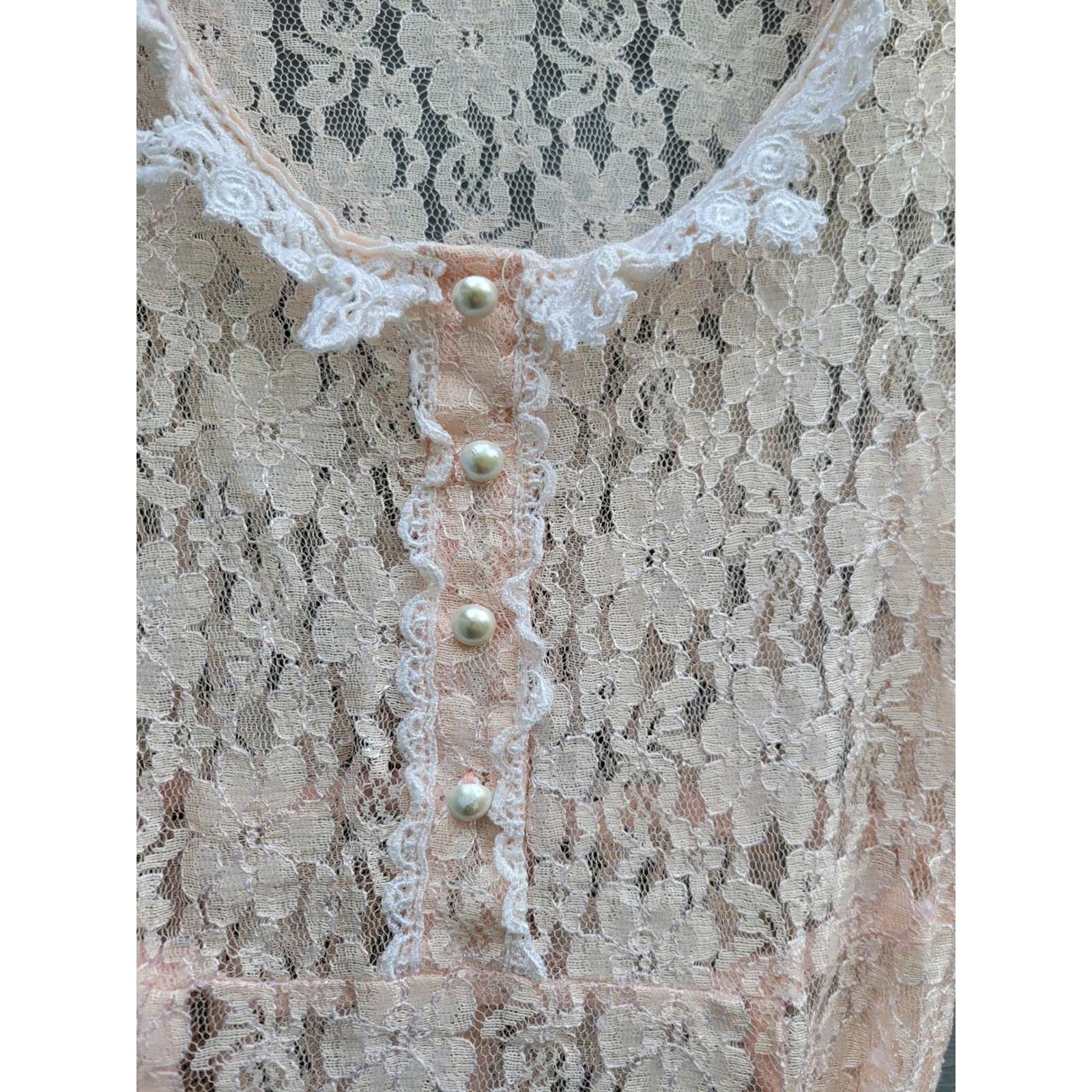 Vintage Lace Mini Dress Peach Pink Pearl Button Cottagecore Coquette Sheer Small