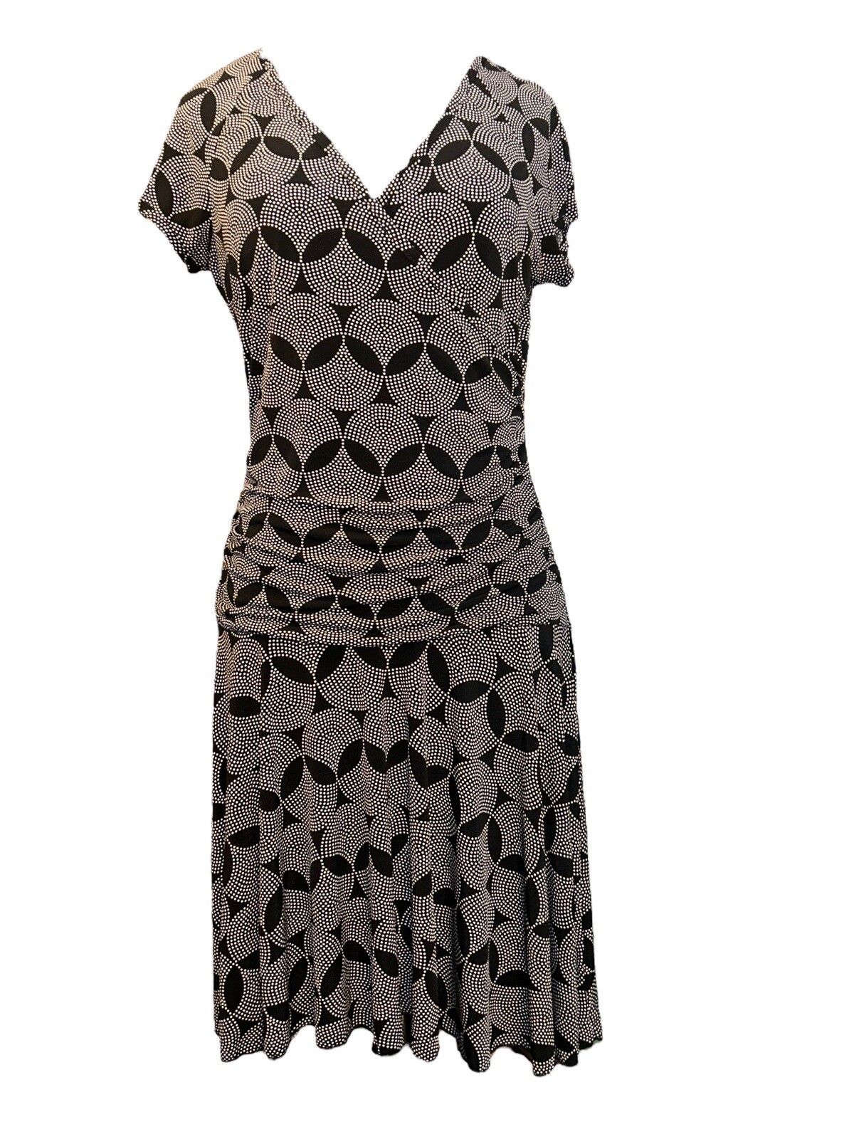 BCX V-Neck Cap Sleeve Ruching Bl/Wh Geo Print Short Faux Wrap Dress Women L VTG