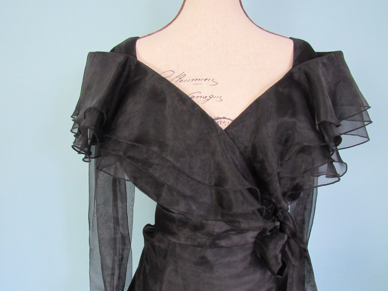 Size M HAMPTON NITES Black Wrap Blouse VINTAGE Shoulder Ruffles Sheer Sleeve