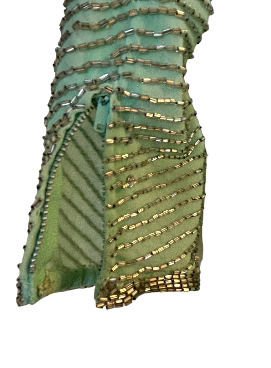 VTG 1960s Victoria Royal Ltd Gown Sz 6 Seafoam Green Beaded Rhinestones Lined