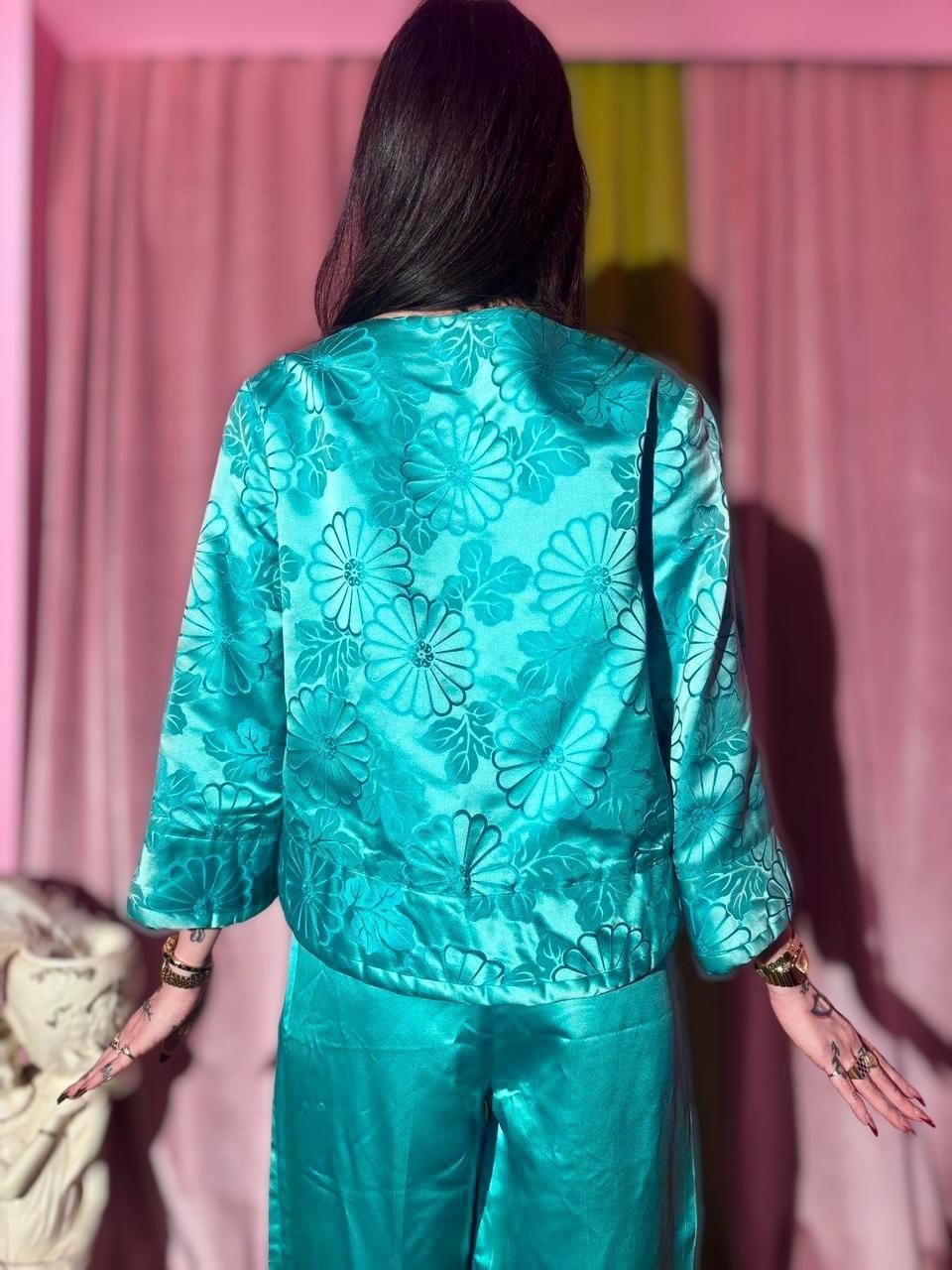 1960s Dynasty Hong Kong Jade Satin Pant Set With Floral Embroidery, Size S