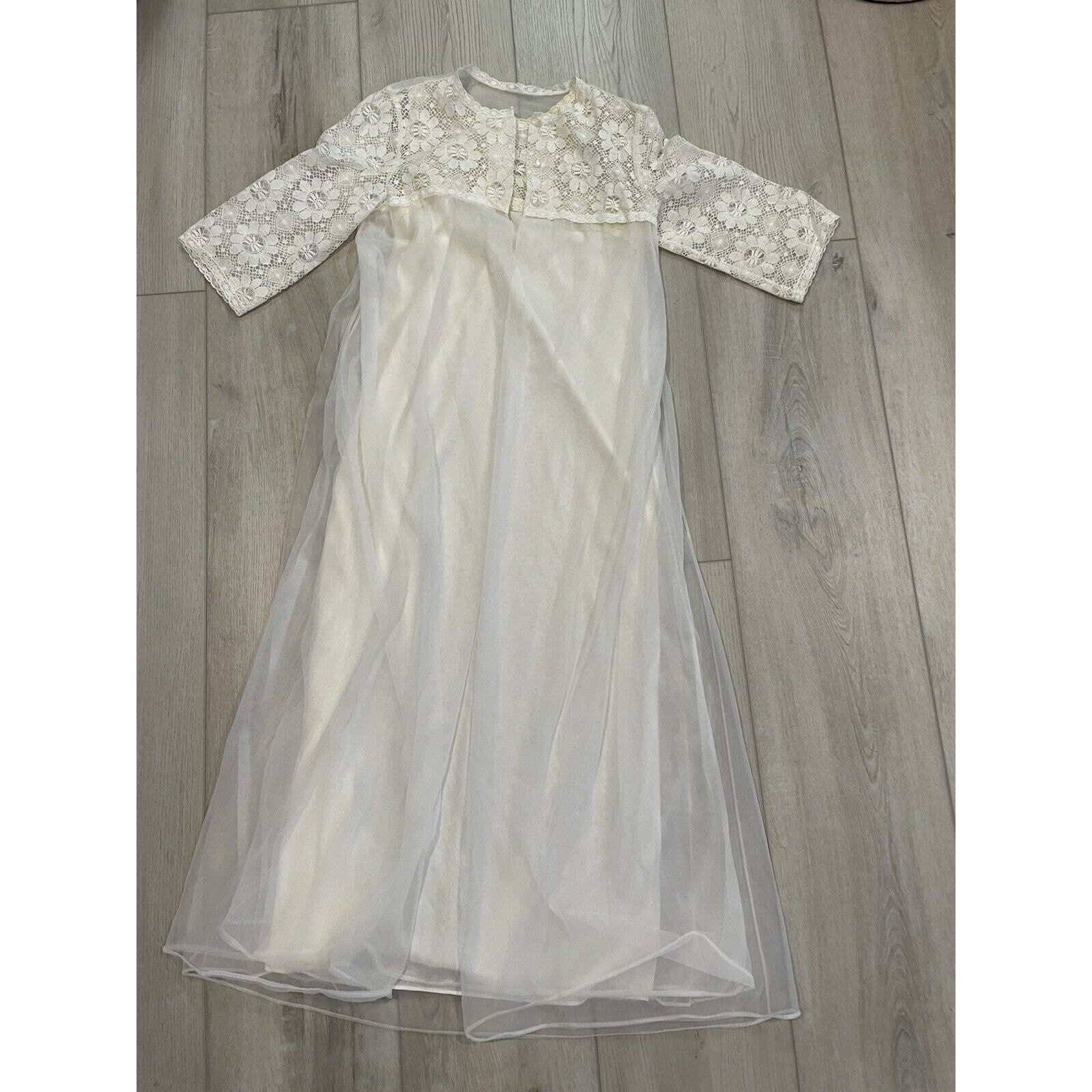 Vintage 1960s Nylon Lace Nightgown Robe Peignoir Set White Sears Roebuck Small