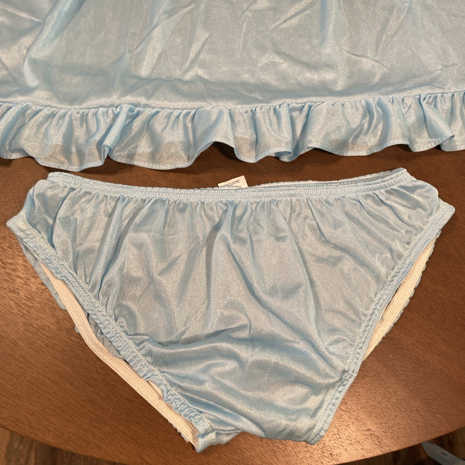 VTG Blue Nylon Babydoll Ruffled Nightie Granny Pantie Set NOS Sz.M (Lg. Panty)