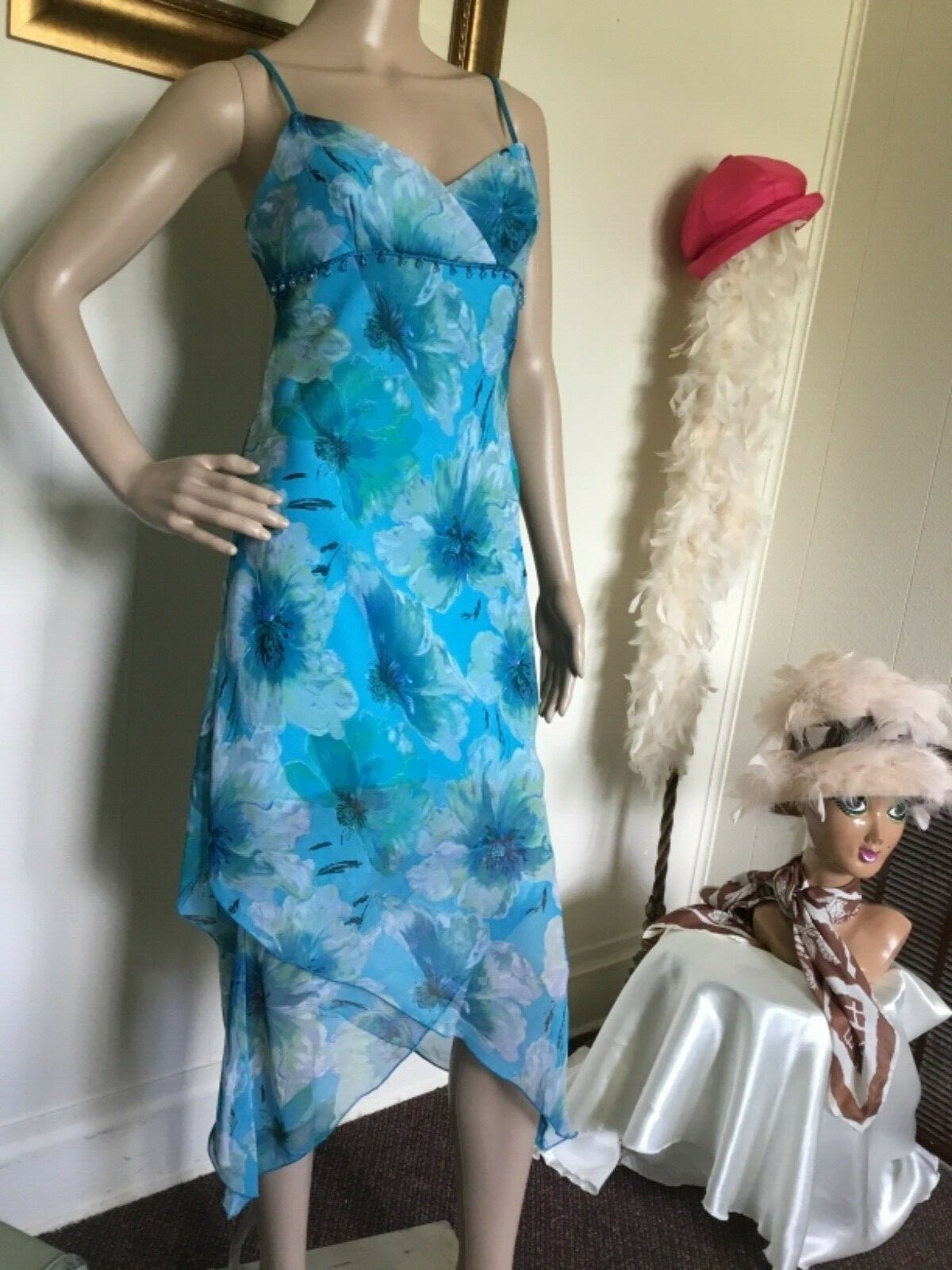 90’s Vintage Blue Sexy Yellow White Floral Beaded Sundress